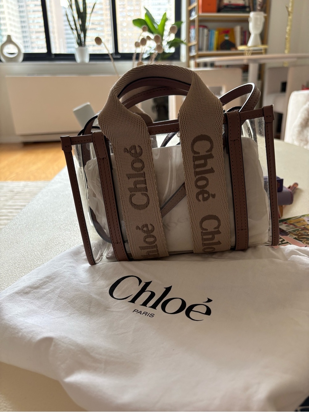 Chloé Clear Mini Tote with Brown Leather Trim and Beige Logo Straps Authentic